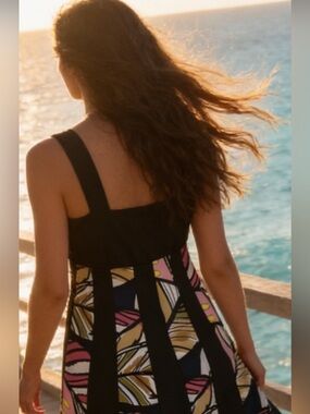 Plus size Black Midi Sleeveless Dress with Pink and Yellow abstract Panels